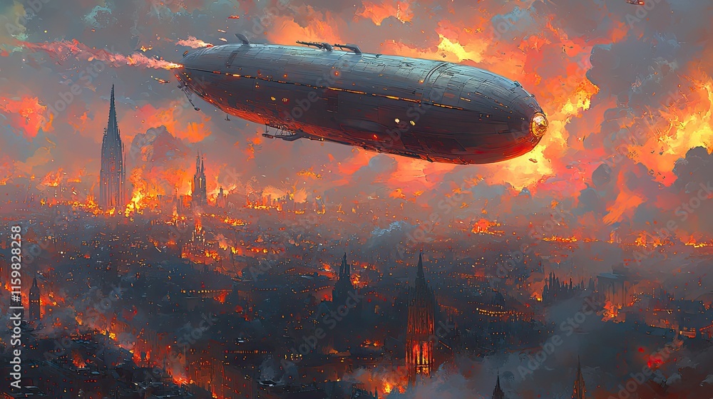 A zeppelin soars over a fiery, dystopian cityscape engulfed in flames and smoke. A zeppelin soars over a fiery, dystopian cityscape engulfed in flames and smoke.
