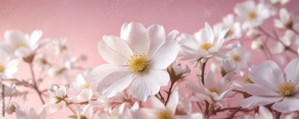 Soft pink background with delicate white flower petals, serene environment, minimalist decor, peaceful scene Soft pink background with delicate white flower petals, serene environment, minimalist decor, peaceful scene