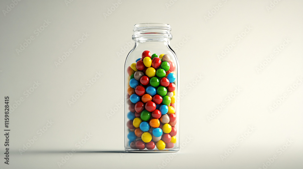 minimalistic image of a clear glass jar filled with colorful round candies on a light background representing sweetness and fun
minimalistic image of a clear glass jar filled with colorful round candies on a light background representing sweetness and fun