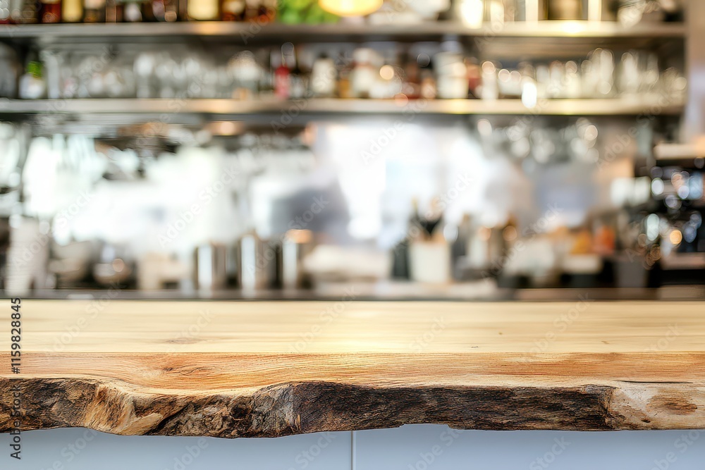A rustic wooden countertop in a caf? setting, with a blurred background of kitchen equipment. A rustic wooden countertop in a caf? setting, with a blurred background of kitchen equipment.
