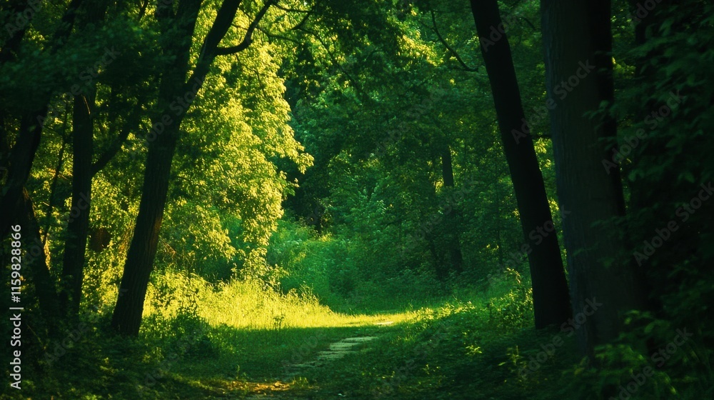 Obraz premium Lush Green Pathway in Vibrant Forest Light