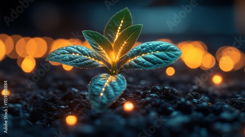 Illuminated Plant Sprout Emerging From Dark Soil photo