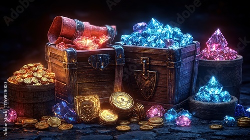 Treasure Chests Filled With Gold Coins And Sparkling Gems photo