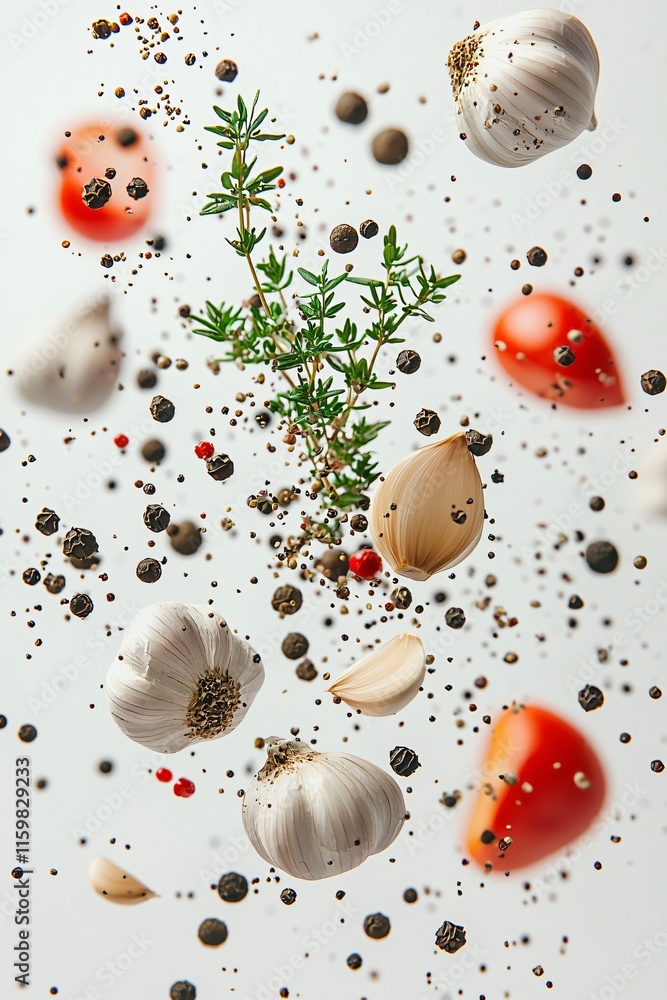 Realistic floating spices like garlic cloves, thyme sprigs, and peppercorns suspended in mid-air on a clean white background.
Realistic floating spices like garlic cloves, thyme sprigs, and peppercorns suspended in mid-air on a clean white background.