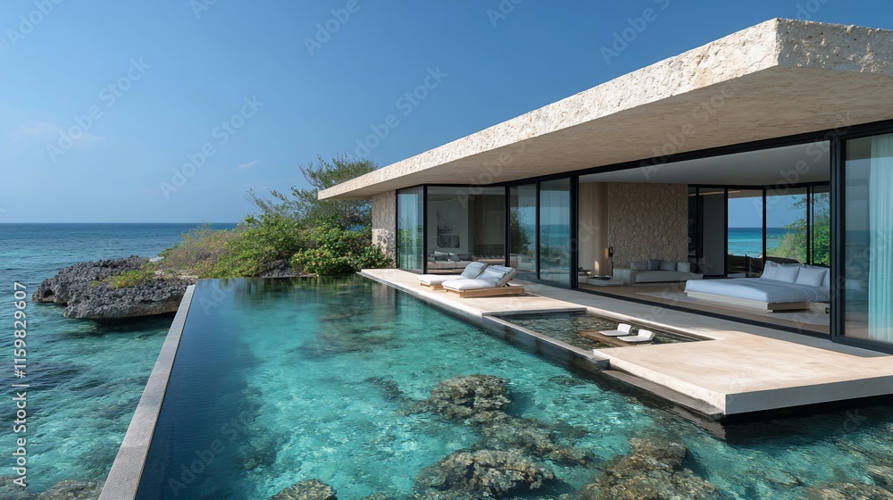 Fototapeta premium Modern Oceanfront Villa with Infinity Pool and Stunning Views