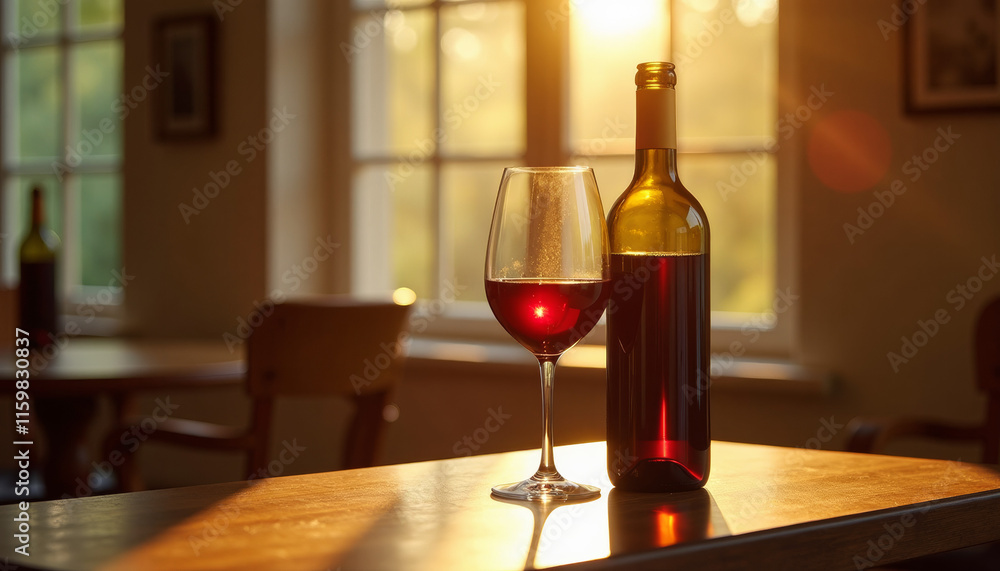 Fototapeta premium Red Wine Bottle and Glass by the Window
