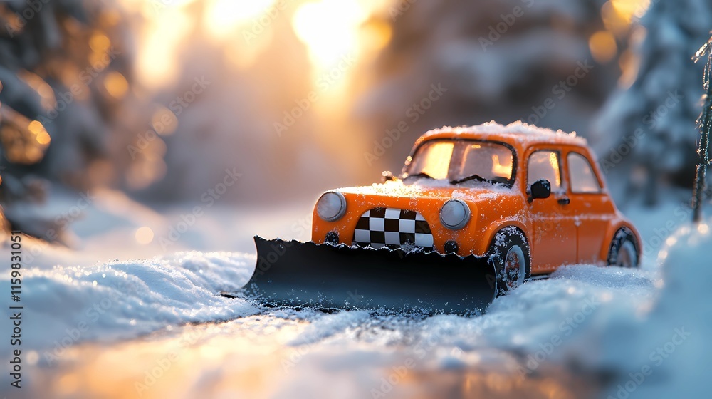 Fototapeta premium Snowplow clearing snowy roads, essential for winter road maintenance operations.