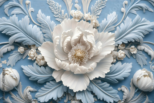 Intricate 3D floral relief sculpture; white peony and blue foliage against a textured blue background.  Elegant and luxurious design.