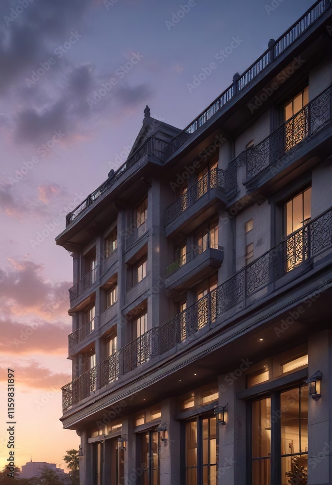 Obraz premium The hotel's facade gazing out at a serene dawn sky, sky, hotel, cliff