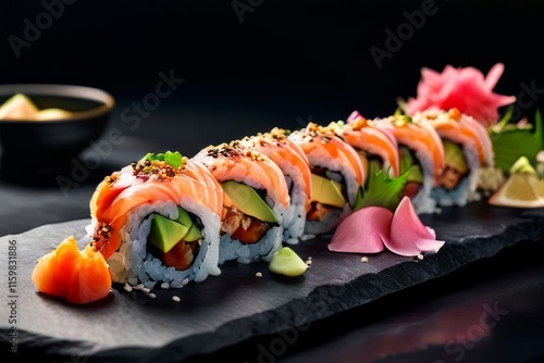 Gourmet sushi arrangement with vibrant ingredients, showcasing culinary artistry. Ideal for use in food blogs, restaurant menus, and marketing materials celebrating Japanese gastronomy.