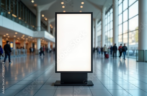 Blank billboard stands in airport hall. People walk around. Interior of large modern building. Advertising space for travel business. Empty poster ready for advertising. Airport business. Mockup for
