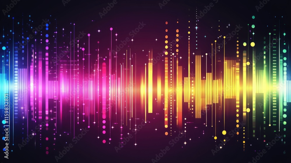 Colorful Sound Waves with Bright Lights in Dark Background Colorful Sound Waves with Bright Lights in Dark Background