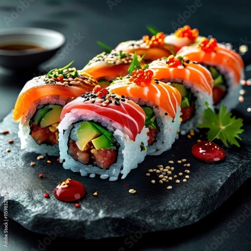 Gourmet sushi arrangement with vibrant ingredients, showcasing culinary artistry. Ideal for use in food blogs, restaurant menus, and marketing materials celebrating Japanese gastronomy.