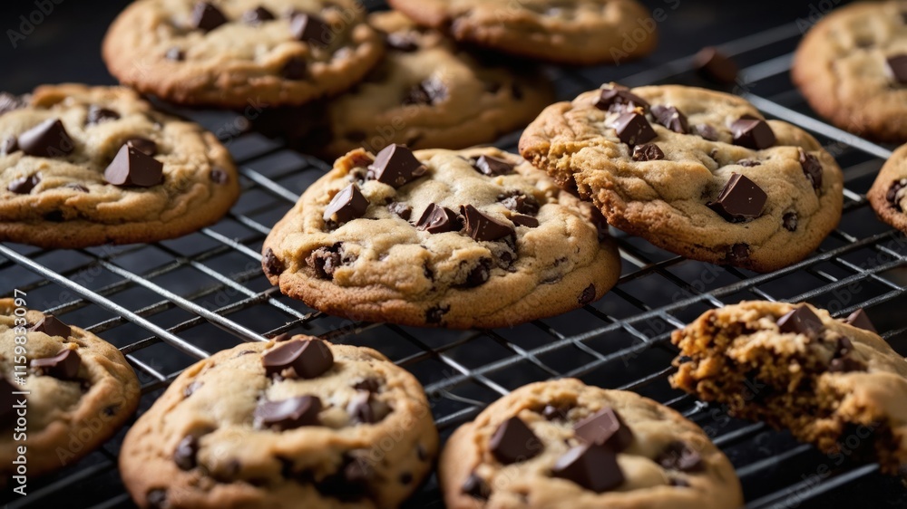 Freshly baked chocolate chip cookies cooling on a wire rack. Freshly baked chocolate chip cookies cooling on a wire rack.