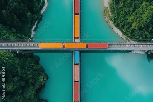 Aerial view of a railway bridge crossing over a turquoise river, surrounded by lush greenery.