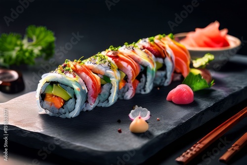 Gourmet sushi arrangement with vibrant ingredients, showcasing culinary artistry. Ideal for use in food blogs, restaurant menus, and marketing materials celebrating Japanese gastronomy.