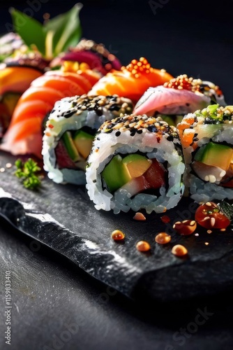 Gourmet sushi arrangement with vibrant ingredients, showcasing culinary artistry. Ideal for use in food blogs, restaurant menus, and marketing materials celebrating Japanese gastronomy.