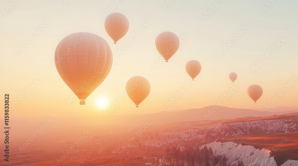 Obraz premium Hot Air Balloons Floating Above Scenic Landscape at Sunrise