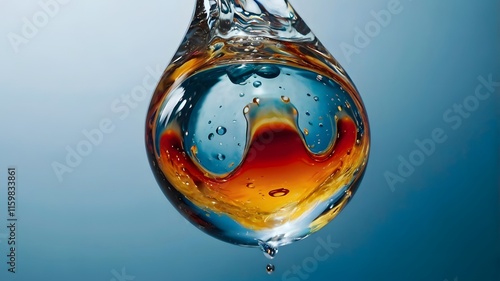 Crystal-clear ice cubes collide with a splashing blue cocktail in a wet martini glass, creating a refreshing and invigorating drink photo