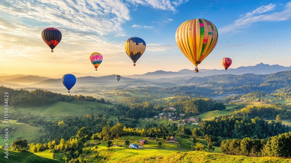 Naklejka premium Hot Air Balloons Over Scenic Green Valley at Sunrise