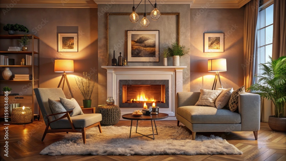 Cozy Living Room with Empty Frame Above Fireplace in Low Light, Warm Ambiance, Inviting Interior Design, Home Decor Inspiration, Relaxing Atmosphere, Warm Lighting, Soft Textures Cozy Living Room with Empty Frame Above Fireplace in Low Light, Warm Ambiance, Inviting Interior Design, Home Decor Inspiration, Relaxing Atmosphere, Warm Lighting, Soft Textures