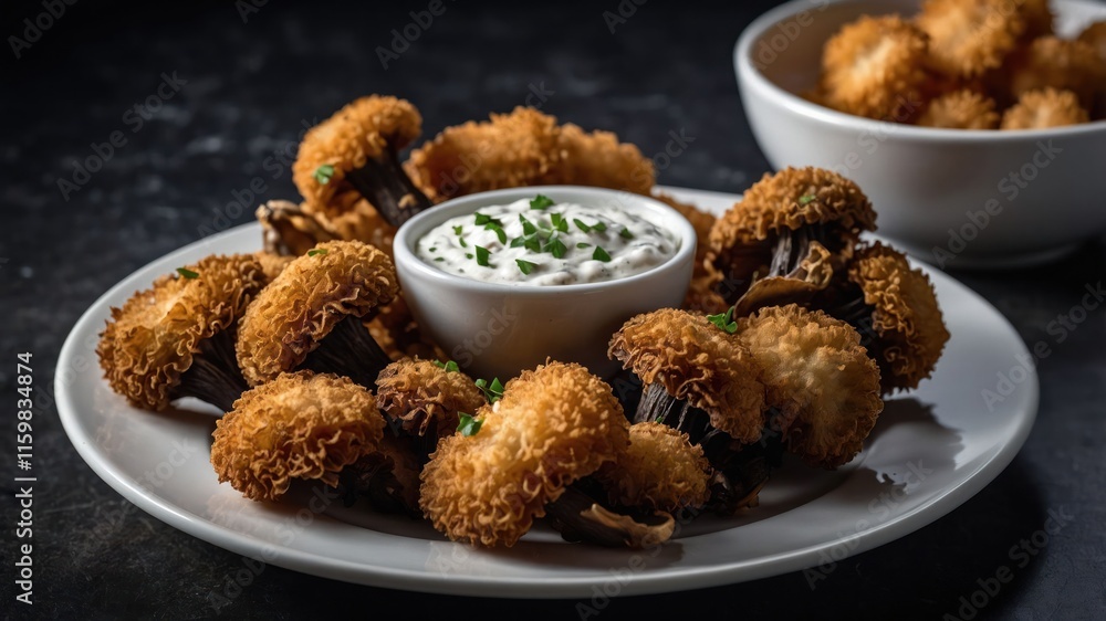 A plate of crispy fried mushrooms served with a dipping sauce and garnished with herbs. A plate of crispy fried mushrooms served with a dipping sauce and garnished with herbs.