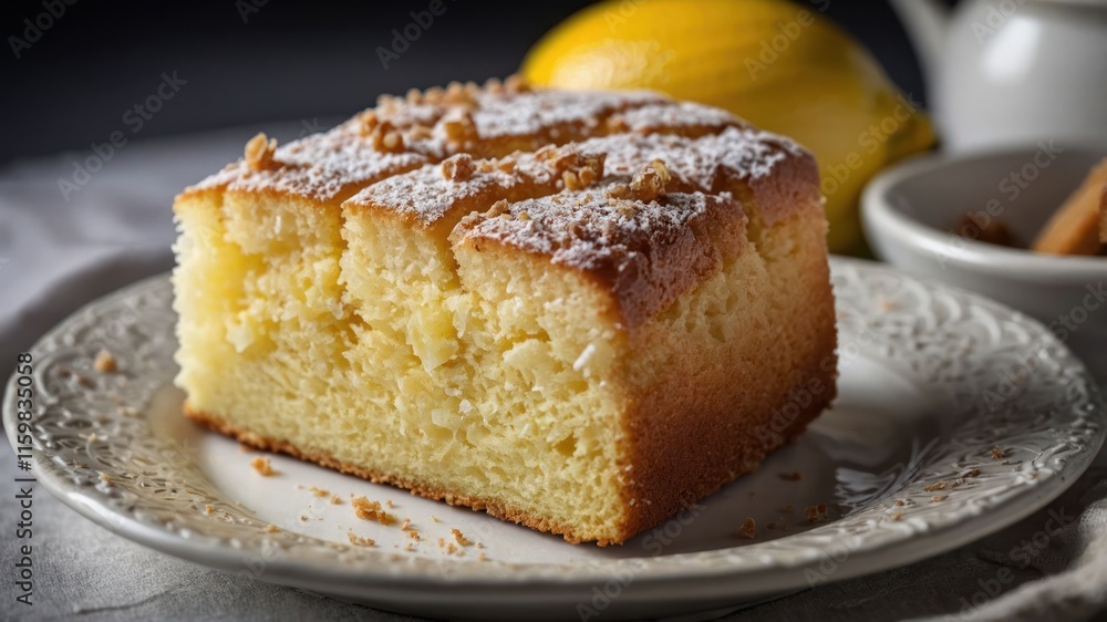 A slice of lemon cake dusted with powdered sugar, served on a decorative plate. A slice of lemon cake dusted with powdered sugar, served on a decorative plate.