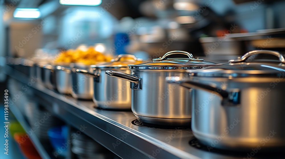 Stainless Steel Pots Line Up On Kitchen Counter Stainless Steel Pots Line Up On Kitchen Counter