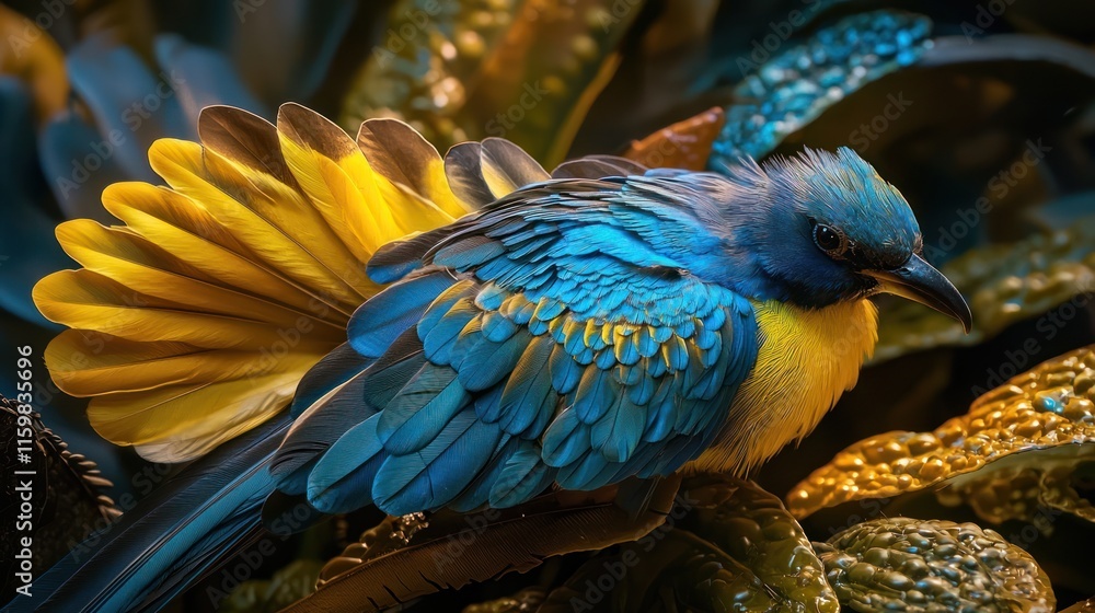 Obraz premium Vivid blue and yellow bird perched on foliage.