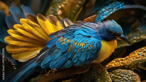 Vivid blue and yellow bird perched on foliage. photo