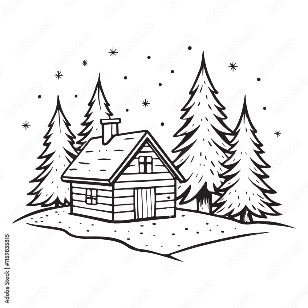 Naklejka premium Vector hand drawn winter mountain woodman house. Winter hiking scene
