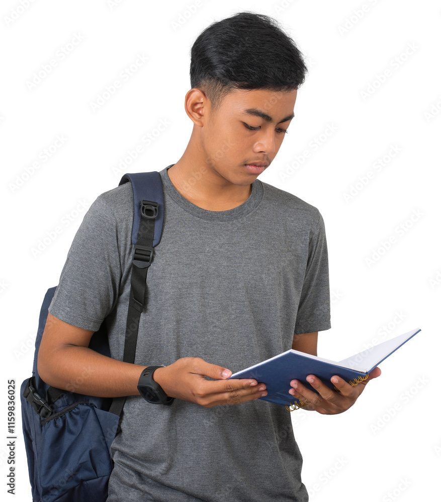 Handsome young college student reading book isolated on white background Handsome young college student reading book isolated on white background