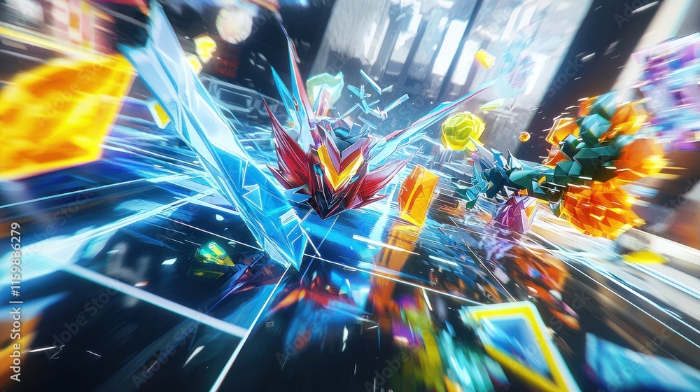 Abstract vibrant shapes and geometric forms in dynamic motion, futuristic city backdrop. Abstract vibrant shapes and geometric forms in dynamic motion, futuristic city backdrop.