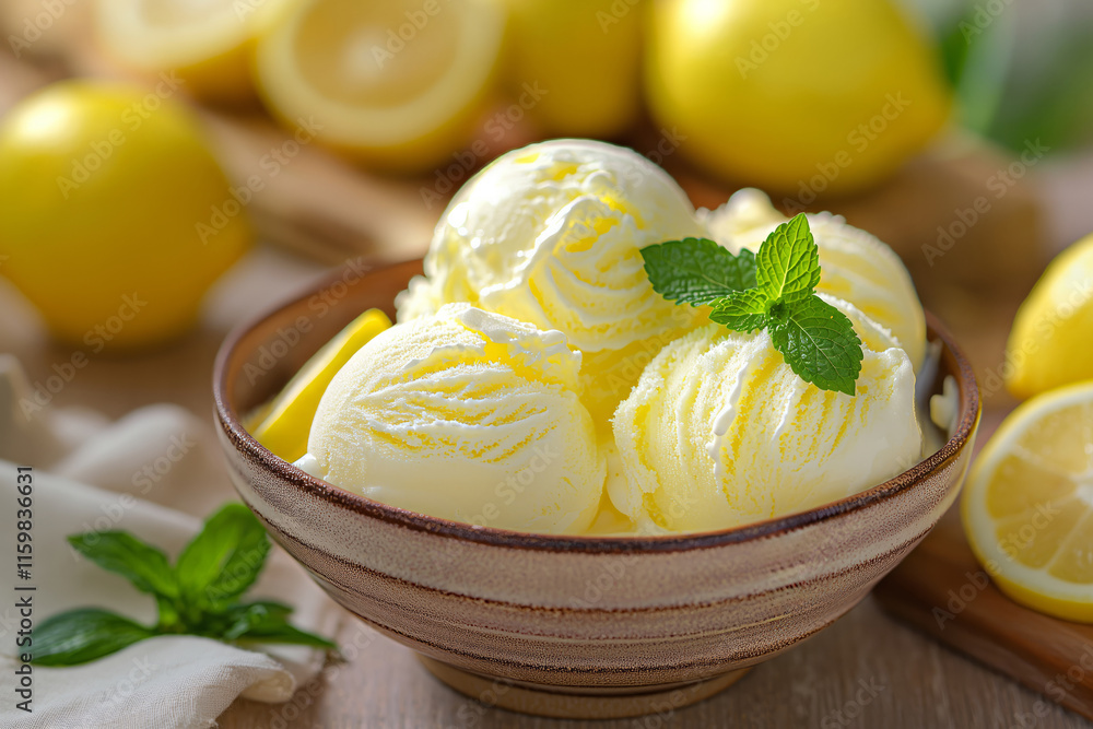 Refreshing lemon ice cream served in a bowl, garnished with fresh mint leaves and surrounded by ripe lemons in a natural light setting Refreshing lemon ice cream served in a bowl, garnished with fresh mint leaves and surrounded by ripe lemons in a natural light setting