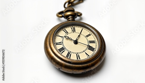 Antique pocket watch with roman numerals on transparent background. Classic timepiece with vintage design. Old gold metal body. Time shown accurately. Timeless design. Elegant antique style. Suitable photo