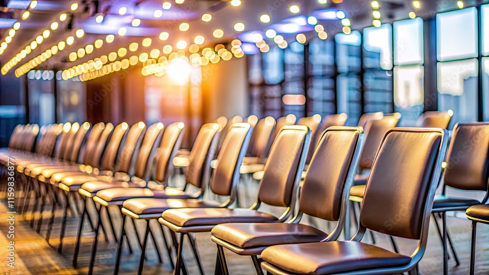 Fototapeta premium Empty Row of Chairs in Seminar Meeting Room with Bokeh Effect and Shallow Depth of Field for Event Preparation and Professional Gathering