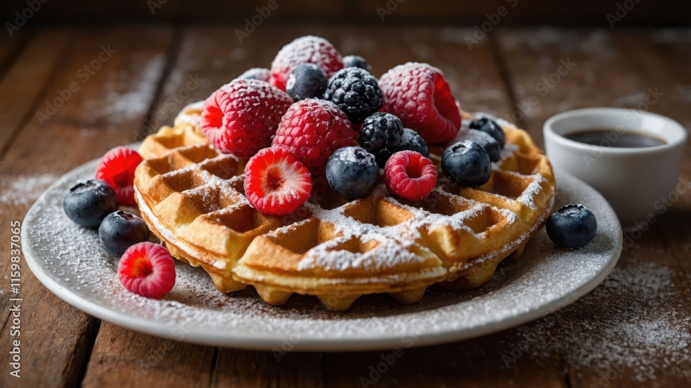 A delicious waffle topped with fresh berries and powdered sugar, served with syrup. A delicious waffle topped with fresh berries and powdered sugar, served with syrup.