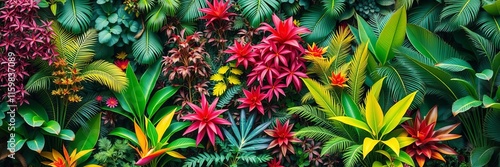 Tropical trees with vibrant leaves in various colors creating a lush background, garden layout with copy space, background, garden