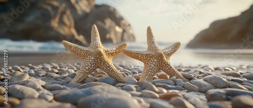 Two starfish on a pebble beach at sunset. photo