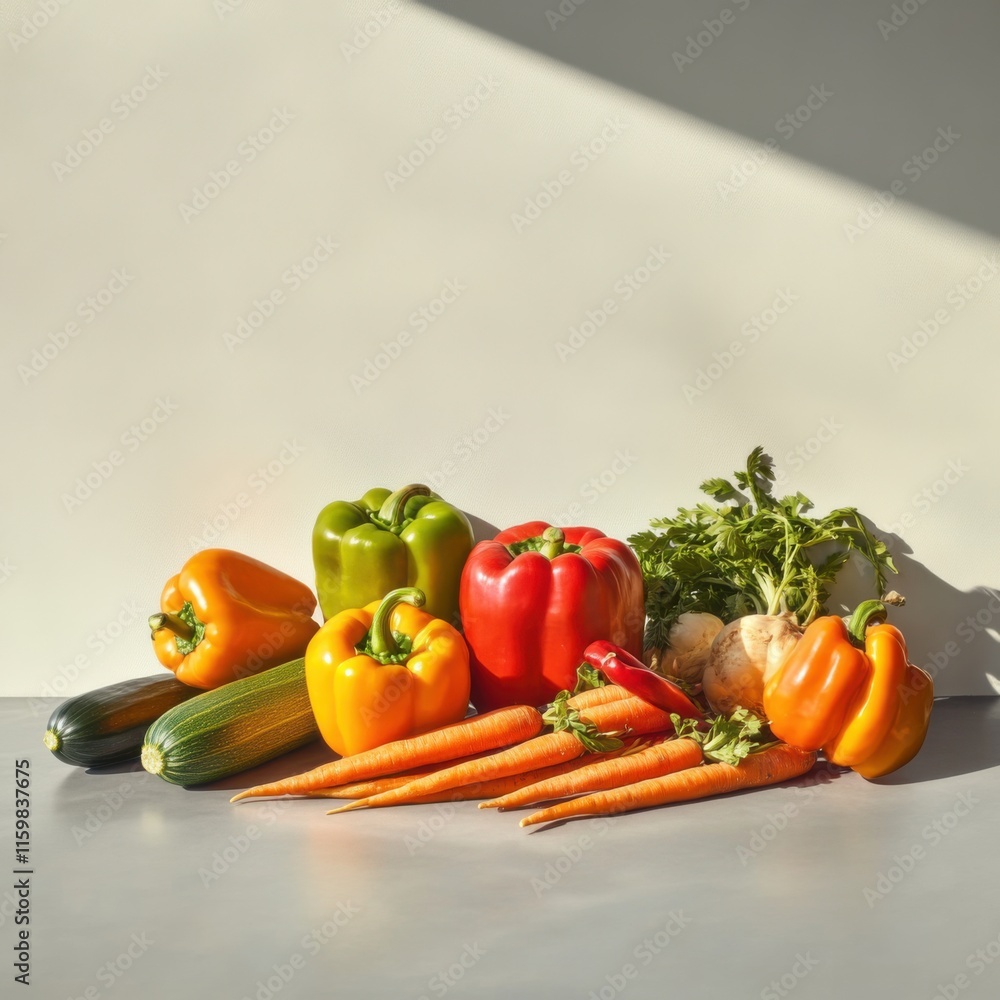 Bountiful harvest of fresh vegetables on a table. Featuring colorful peppers, carrots, and zucchini Bountiful harvest of fresh vegetables on a table. Featuring colorful peppers, carrots, and zucchini