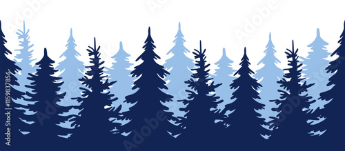 Silhouette of a winter forest, seamless forest silhouette border,  illustration of a christmas tree, forest silhouette, pine trees, vector illustration