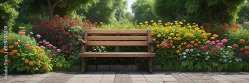 Wooden bench in front of a dense hedge with greenery and colorful flowers, wooden furniture, garden bench, outdoor space