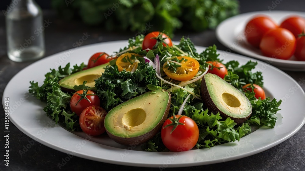 A fresh salad featuring avocado, cherry tomatoes, and leafy greens on a white plate. A fresh salad featuring avocado, cherry tomatoes, and leafy greens on a white plate.