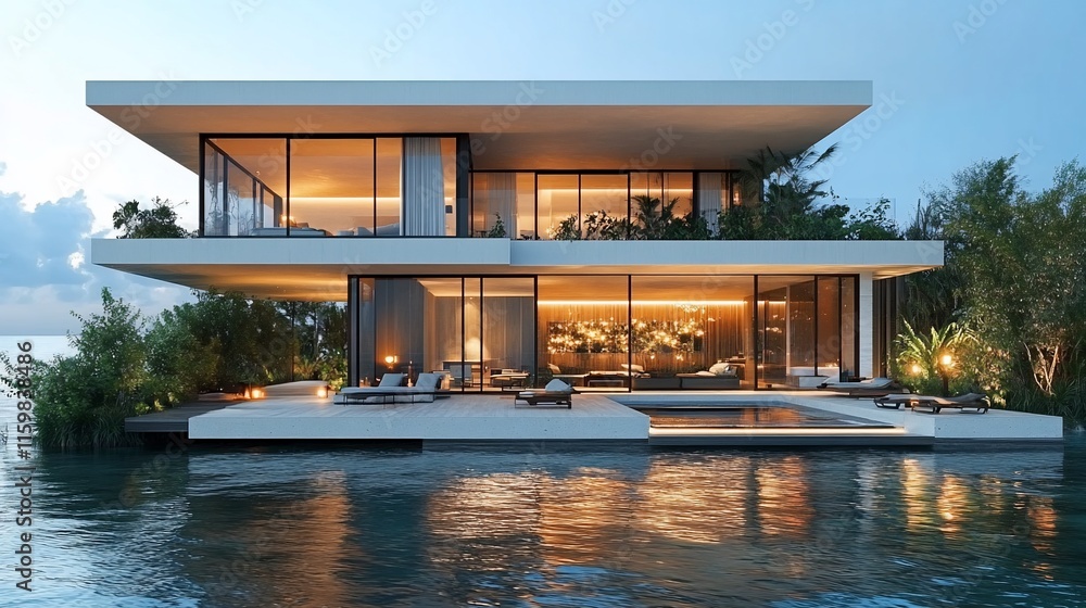 Fototapeta premium Modern Two Story Waterfront Home With Infinity Pool