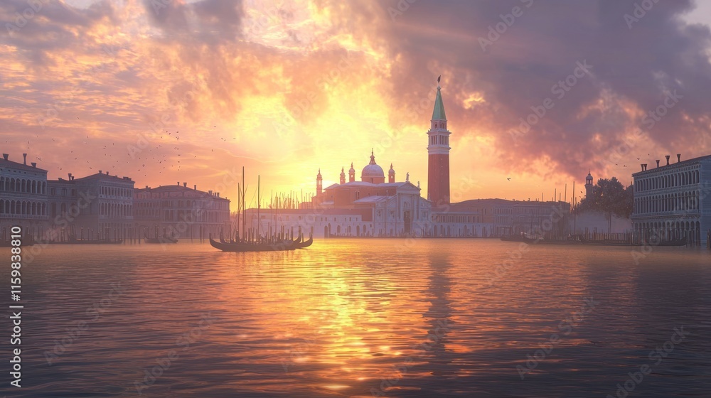Venetian sunrise over St. Mark's Square with boats. Venetian sunrise over St. Mark's Square with boats.
