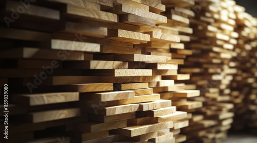 Stacked pine wood planks in a factory, showcasing storage and organization of wooden materials