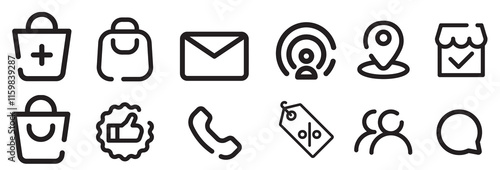 Collection of shopping icons. Contains add to cart, location, phone, discount, like, signal simple flat vector.