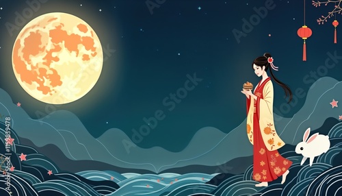 Elegant lady in traditional Chinese attire holds a Moon Festival treat. Full moon shines above. Cute white rabbit is nearby. Peaceful night scene. Traditional holiday. photo