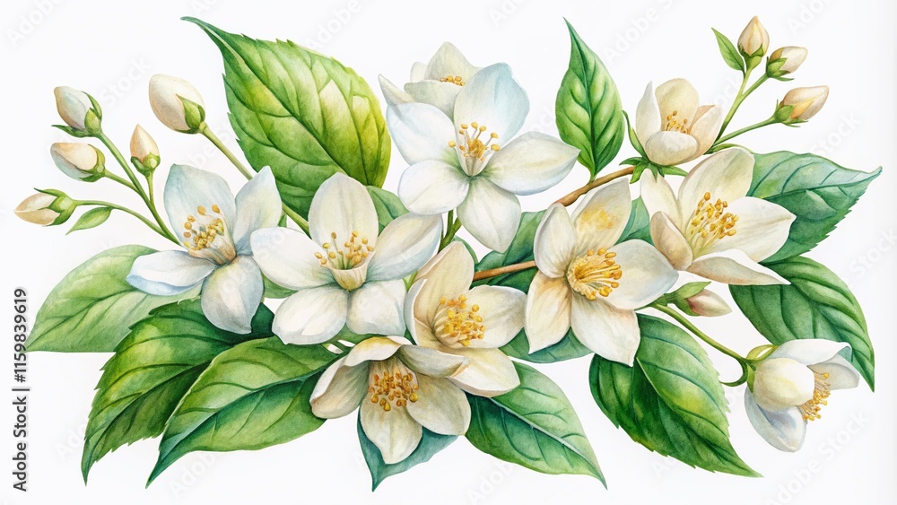 Drone Shot of Watercolor Jasmine Flowers, Graphic Illustration Drone Shot of Watercolor Jasmine Flowers, Graphic Illustration