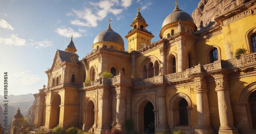Obraz premium Yellow-walled ancient monastery under a sunny afternoon sky with domes and intricate stonework, warm, old, clear
